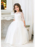 Elbow Sleeve Ivory Lace Tulle Floor Length Flower Girl Dress